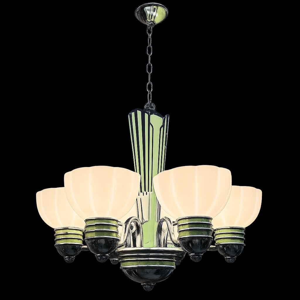 Art Deco 6-Lt Chrome & Green Chandelier W/Glass Shades 25x25