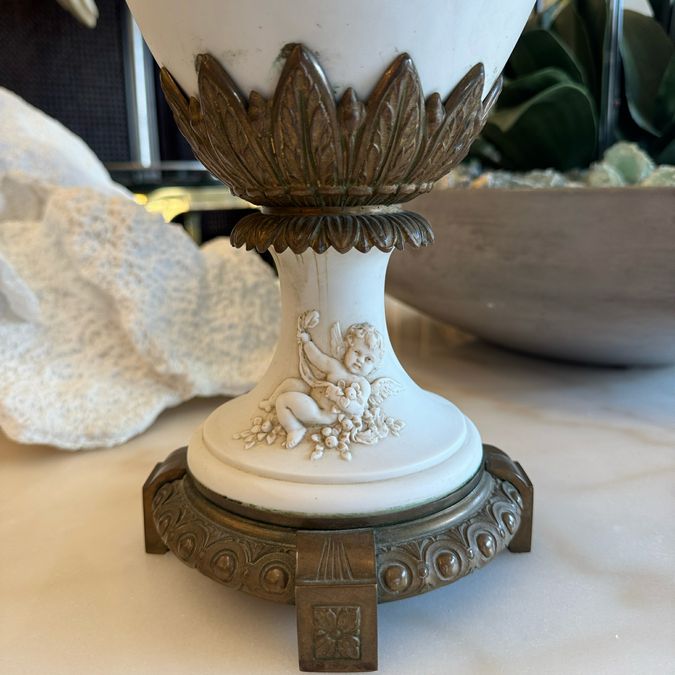 PAIR 1920's Bisque Porcelain & Bronze Vases 24.5"H