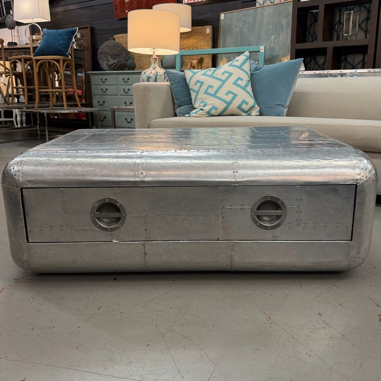 Restoration Hardware Blackhawk Aviator Silver Coffee Table W/Drawer 49x30x20