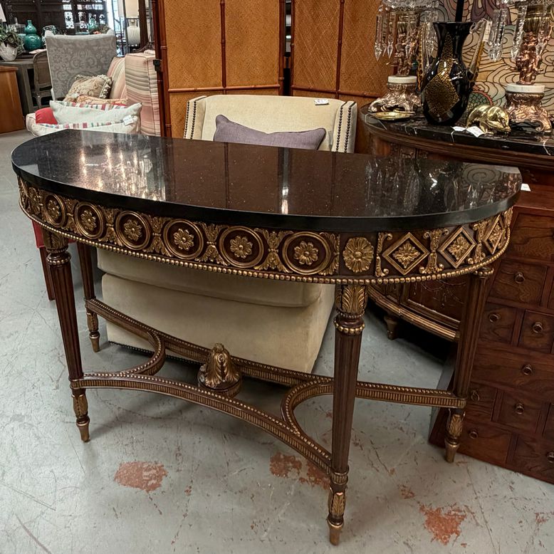 Maitland Smith Gold Rosette Frieze Demilune Black Marble Top 54x20x34