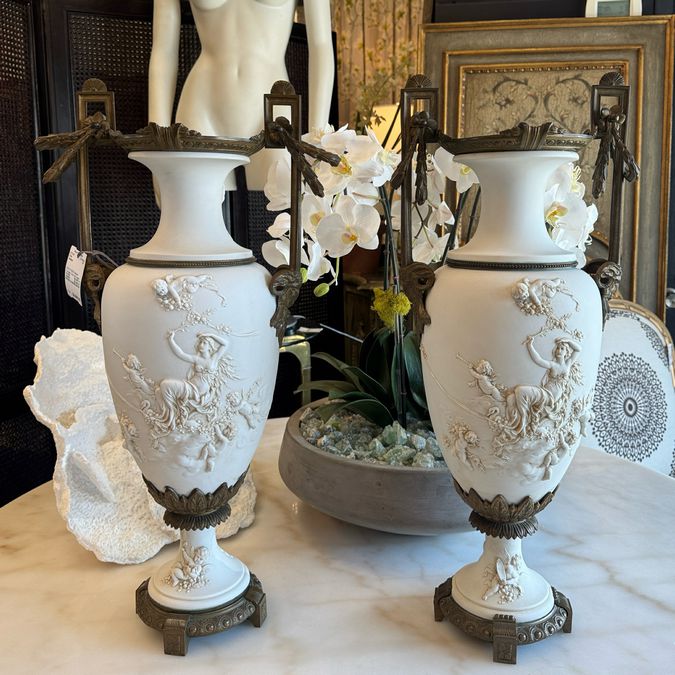 PAIR 1920's Bisque Porcelain & Bronze Vases 24.5"H