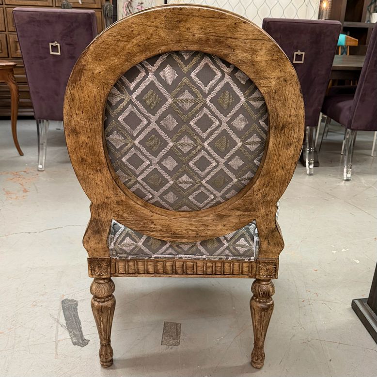 Modern Louis Style Round Back Arm Chair W/Gray Geometric Upholstery 30.5x29x41.5