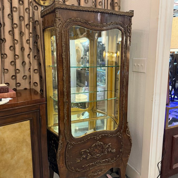 Curved Glass Bombay Wood Carved Vitrine W/Brass Detail, Gold Leaf 24x14x62 AS IS