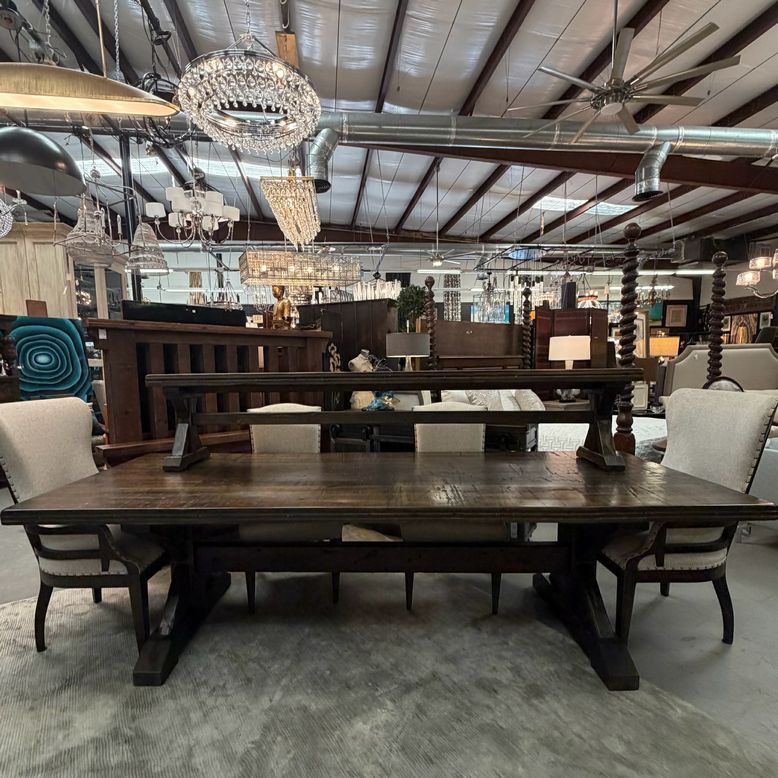 Boxcar Woody Table, Bench, 6 Hooker Upholstered Chairs 108x42x30