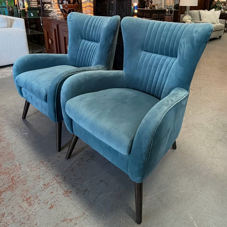 PAIR Uttermost 23314 Dax Blue Velvet Channel Back Chairs 29x30x38 ALMOST NEW!