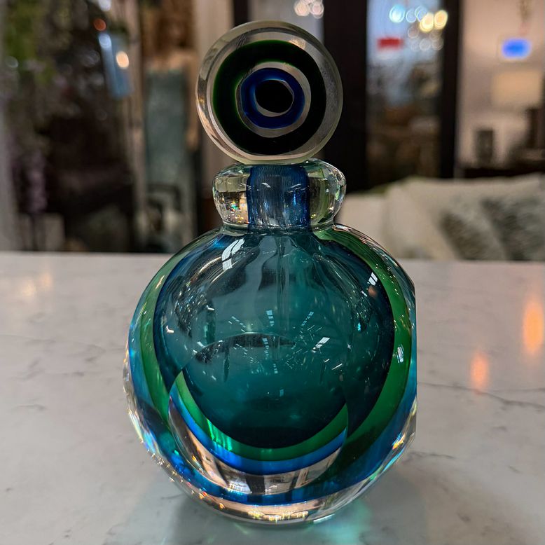 Blue-Green Bull's Eye Art Glass Perfume Bottle 6"