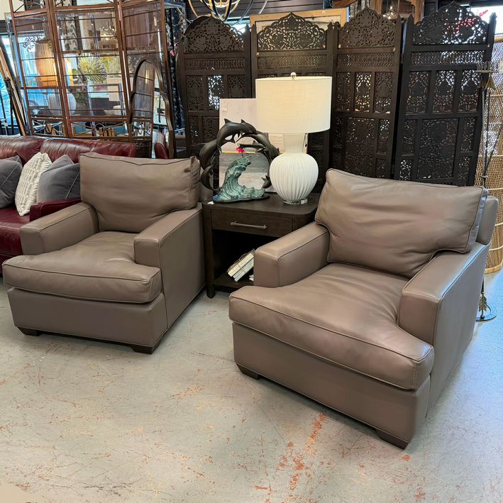 PAIR of Barclay Butera Mushroom Pebbled Leather Club Chairs