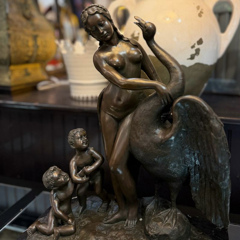 Bronze "Leda & The Swan" Sculpture On Marble