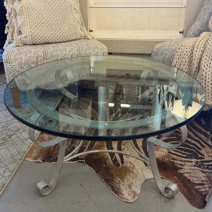 Silver Finish Metal Base/Glass Top Coffee Table 36" Dia x 17"H