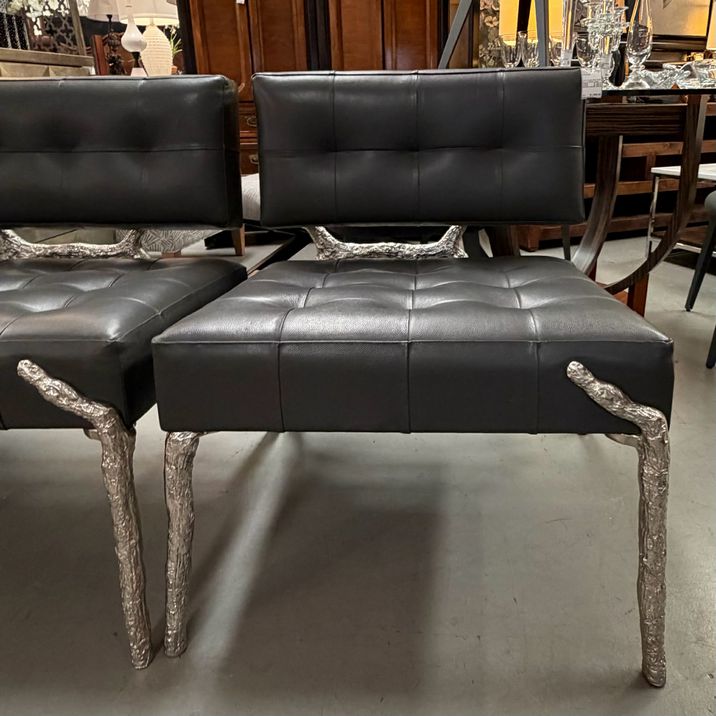 PAIR Global Views Bristol Branch Graphite Leather Chairs 26x26x32