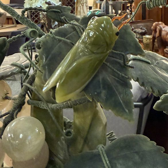 Jade & Jadeite Sculpture W/Grapes & Cicadas 19"Lx19"H