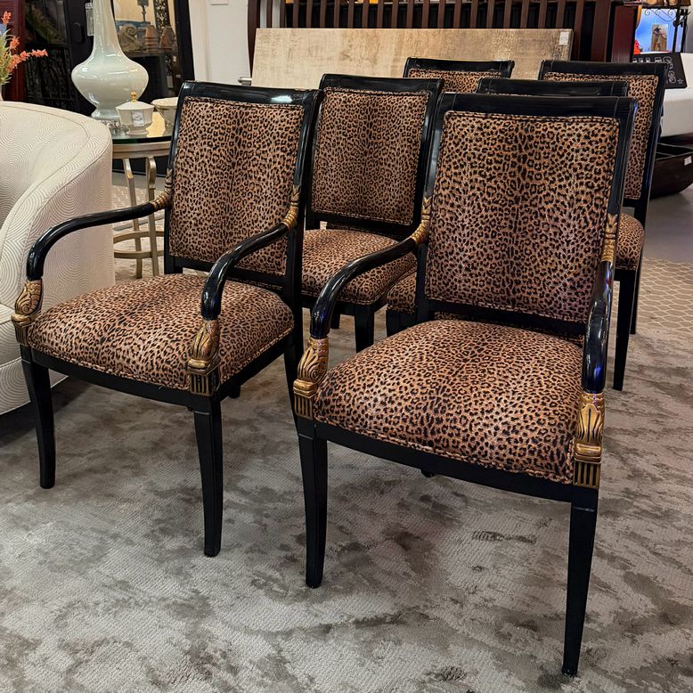 SET/6 Hollywood Regency Style Black Carved Gilt Chairs W/Leopard Upholstery 22x2