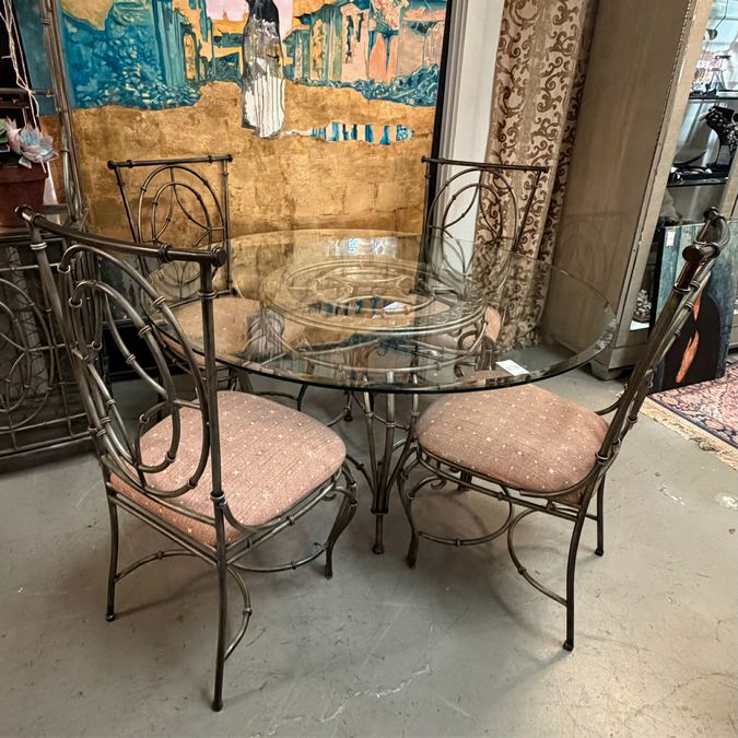 54"D Faux Bamboo Metal Table W/Glass Top, 5 Chairs