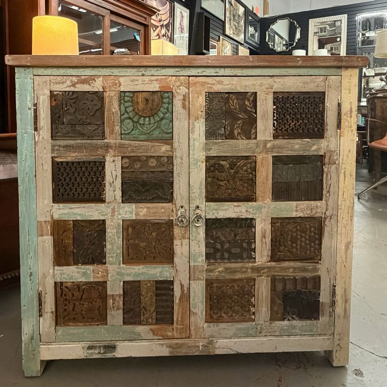 Vintage Teal Distressed 2-Dr Cabinet 39x16x36