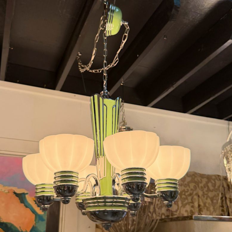 Art Deco 6-Lt Chrome & Green Chandelier W/Glass Shades 25x25