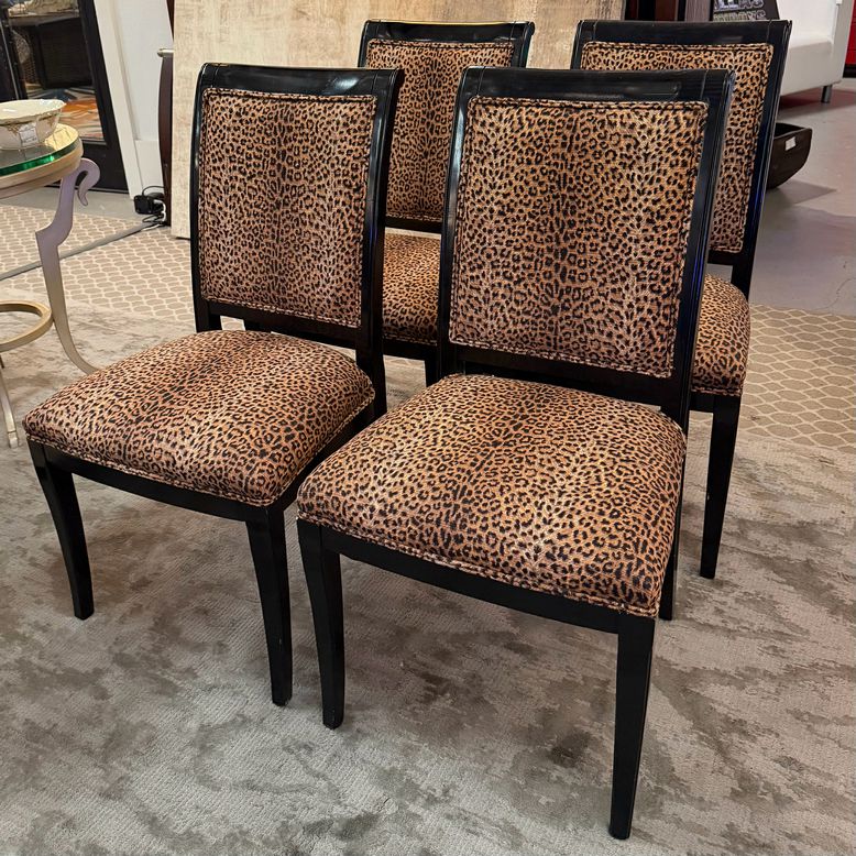 SET/6 Hollywood Regency Style Black Carved Gilt Chairs W/Leopard Upholstery 22x2