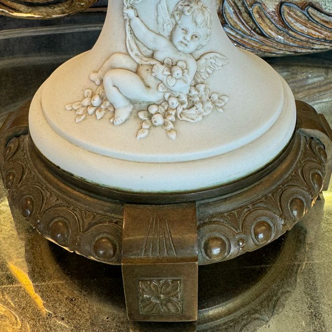 PAIR 1920's Bisque Porcelain & Bronze Vases 24.5"H