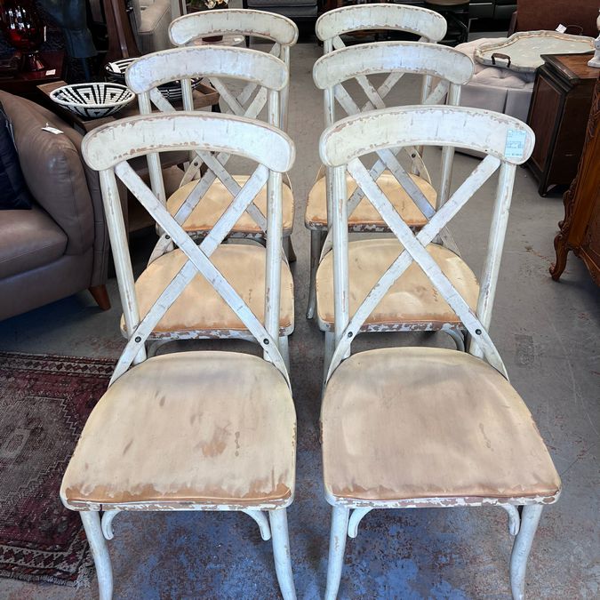 SET/6 Hooker Wakefield Distressed Cream X Back Side Chairs 19x18x38