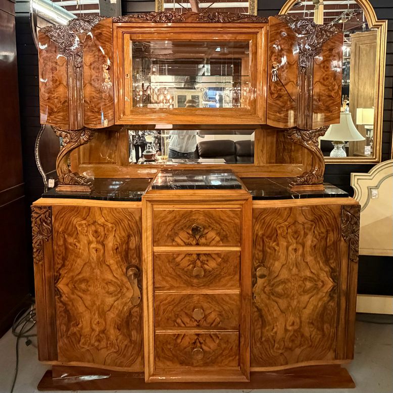 French Art Deco/Moderne Burl Walnut & Marble Buffet-Bar Cabinet Circa 1940's 67x