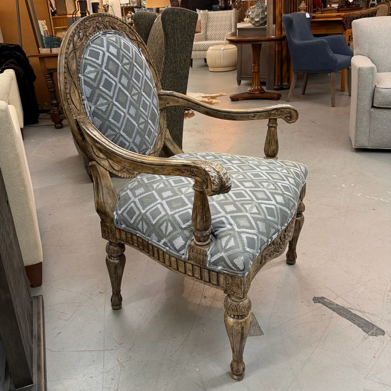 Modern Louis Style Round Back Arm Chair W/Gray Geometric Upholstery 30.5x29x41.5