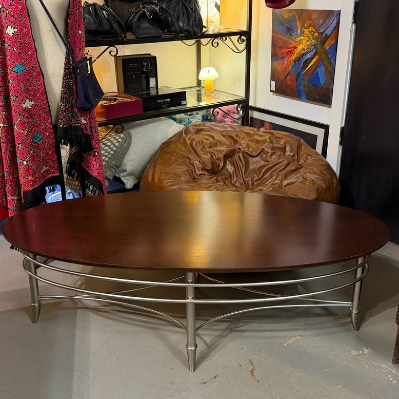 Oval Wood & Chrome Modern Coffee Table 57x25x18