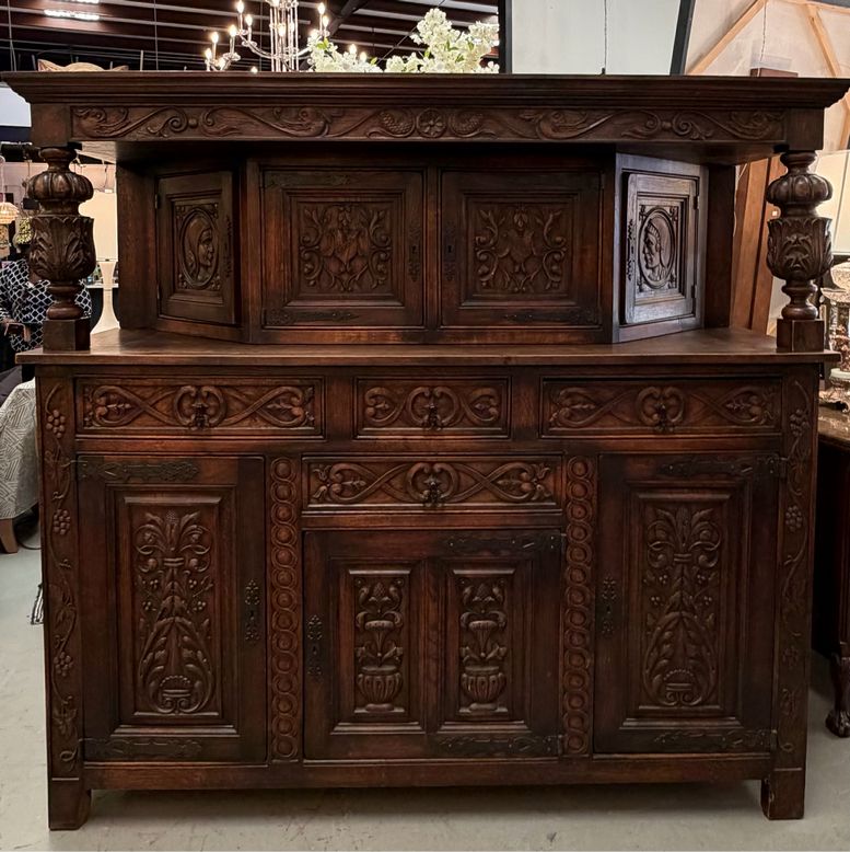 Antique Tudor Revival Carved Oak Cupboard w/Hidden Storage 80x24x74 FINAL SALE