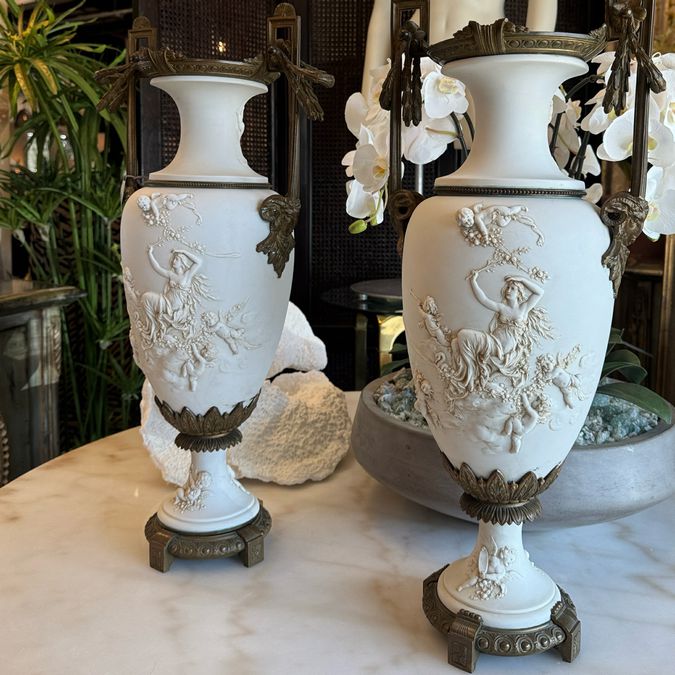 PAIR 1920's Bisque Porcelain & Bronze Vases 24.5"H