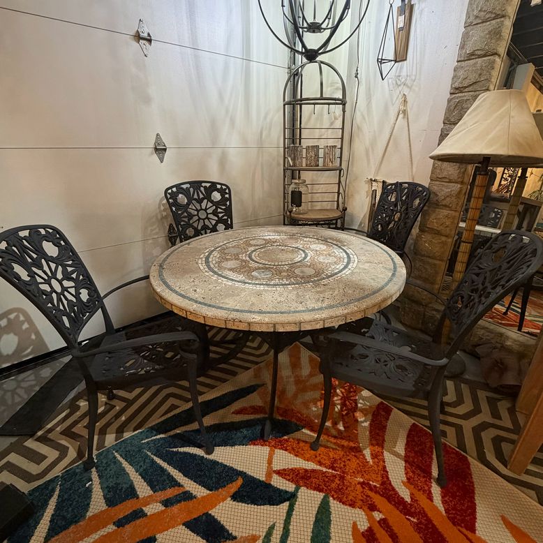 Mosaic Stone Top/Black Iron Base Table W/4 Wrought Iron Chairs 48"DiaX30"H