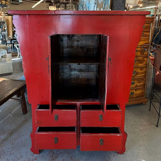 Antique Qing Dynasty Red Lacquered Wedding Cabinet 53x17x61