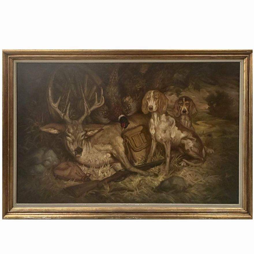 Hunting Scene Original Oil Painting by Angel Martin, Mexico 1970 80"x53"
