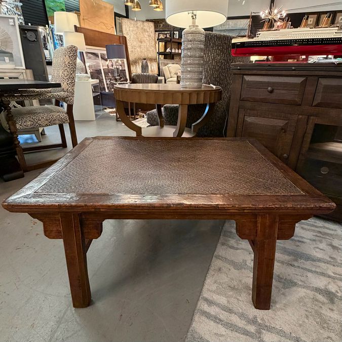 Antique Chinese Elm Coffee Table W/Rattan Insert 40x29.5x20