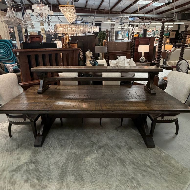 Boxcar Woody Table, Bench, 6 Hooker Upholstered Chairs 108x42x30