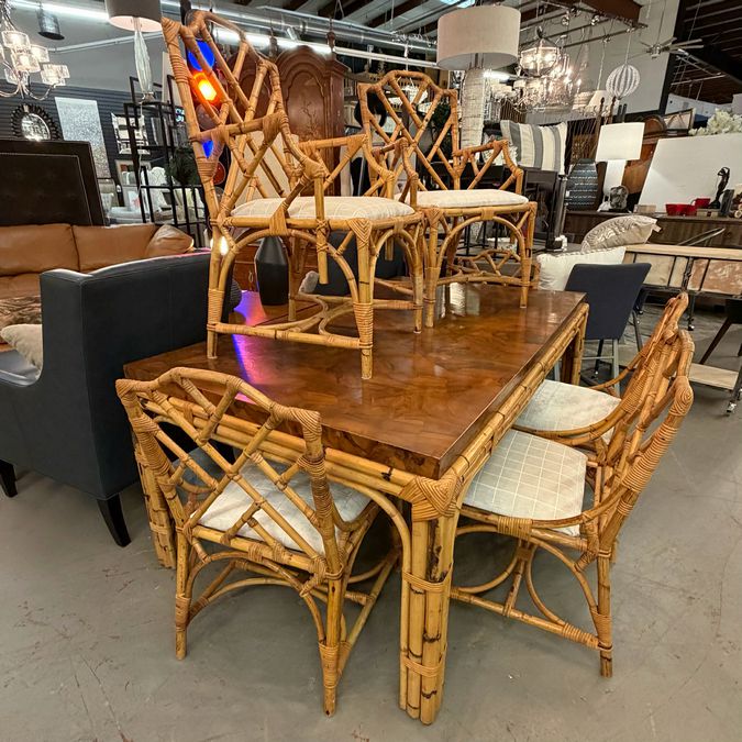 1970's Werner Maier Chinese Chippendale Bamboo & Rattan Table W/6 Chairs 68x42x3