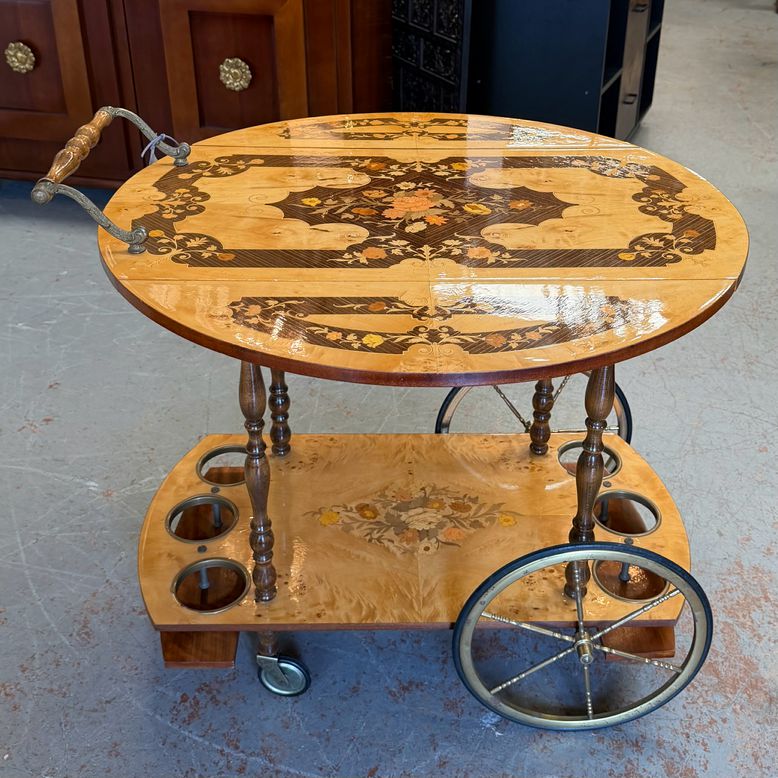 Vintage Italian Marquetry Bar Cart 29.5x29.5x26.5