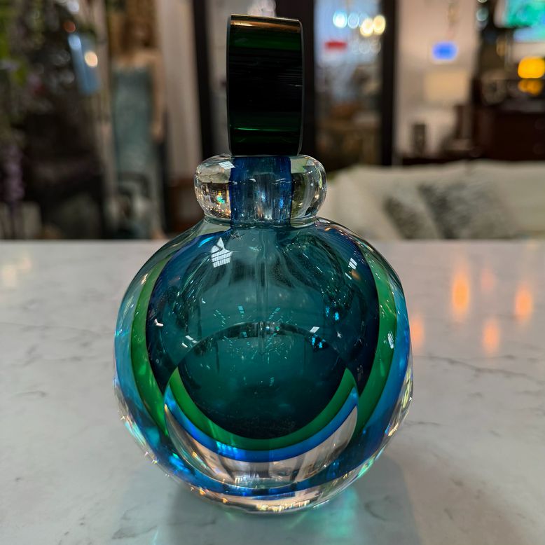 Blue-Green Bull's Eye Art Glass Perfume Bottle 6"