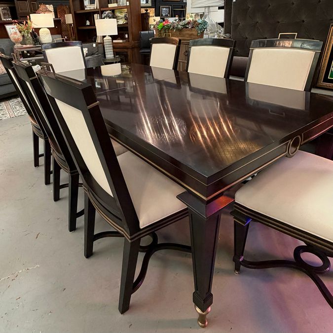 Theodore Alexander Rive Gauche Table W/8 Chairs, 1-27" Leaf 84-108Wx40Dx30H