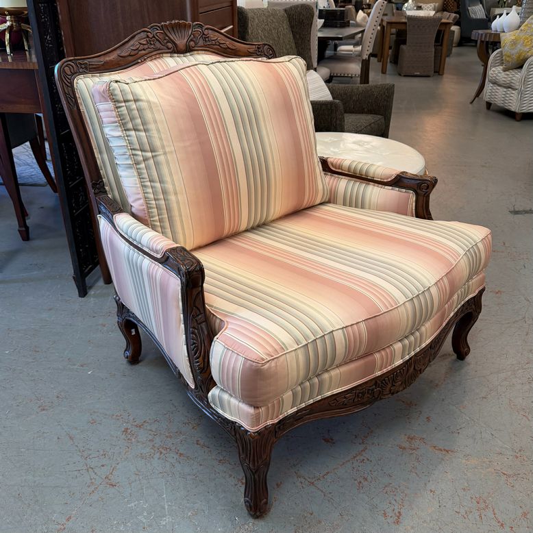 Ethan Allen Harris Custom Striped French Bergere Chair & Ottoman 41x41x42