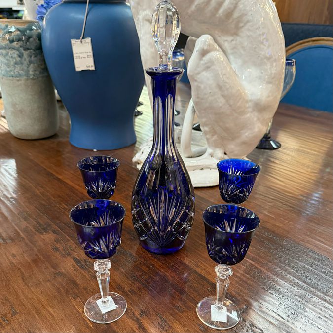 Germany 1980's Cobalt Cut to Clear Crystal Decanter W/4 Liqueur Glasses 12.5"H