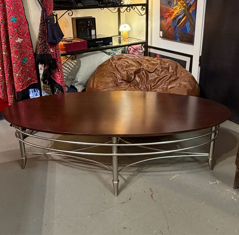 Oval Wood & Chrome Modern Coffee Table 57x25x18