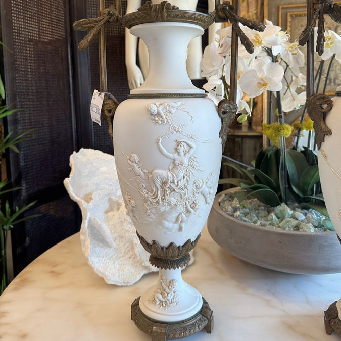 PAIR 1920's Bisque Porcelain & Bronze Vases 24.5"H