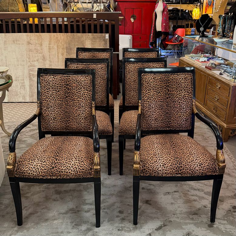 SET/6 Hollywood Regency Style Black Carved Gilt Chairs W/Leopard Upholstery 22x2