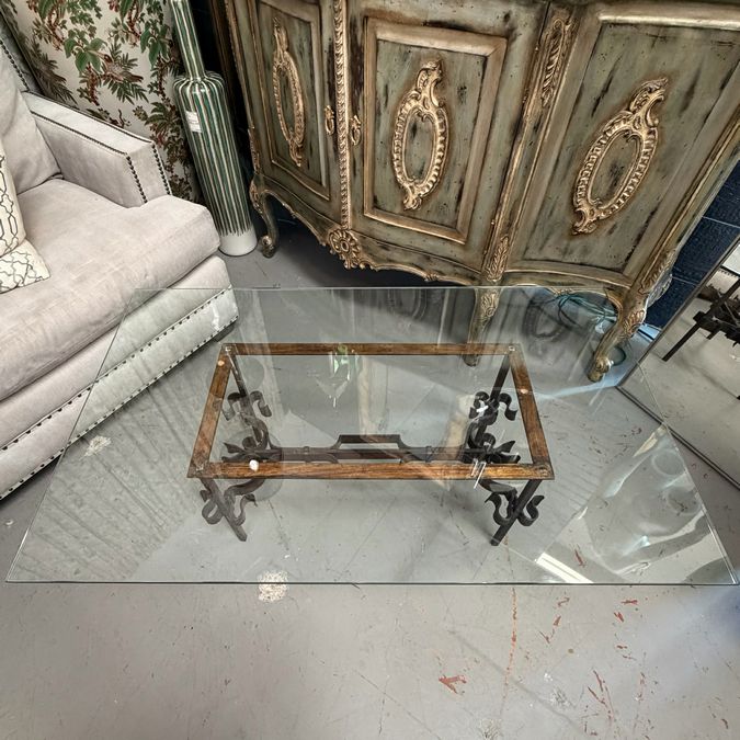 1950's Brutalist Gilded Wrought Iron Coffee Table W/Glass Top 48x30x16