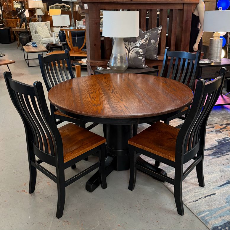 48"D Oak Top/Black Pedestal Table W/4 Chairs