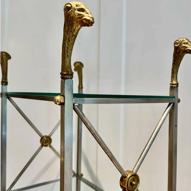 Maison Jansen Neoclassical Etagere Steel /Brass Etagere W/Ram's Head/Hoof Motif