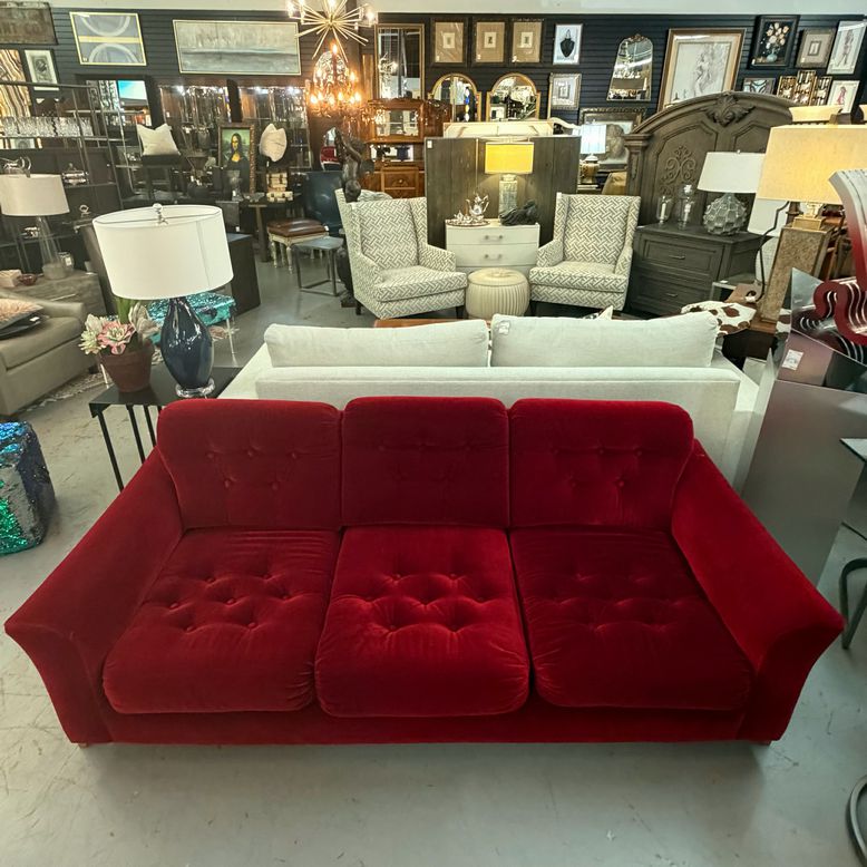 Mid Century Vintage Red Velvet Sofa W/Wood Frame 80x35x31
