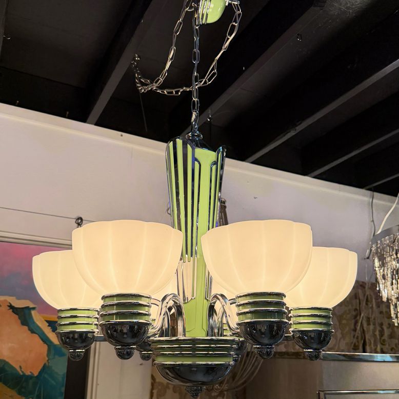 Art Deco 6-Lt Chrome & Green Chandelier W/Glass Shades 25x25