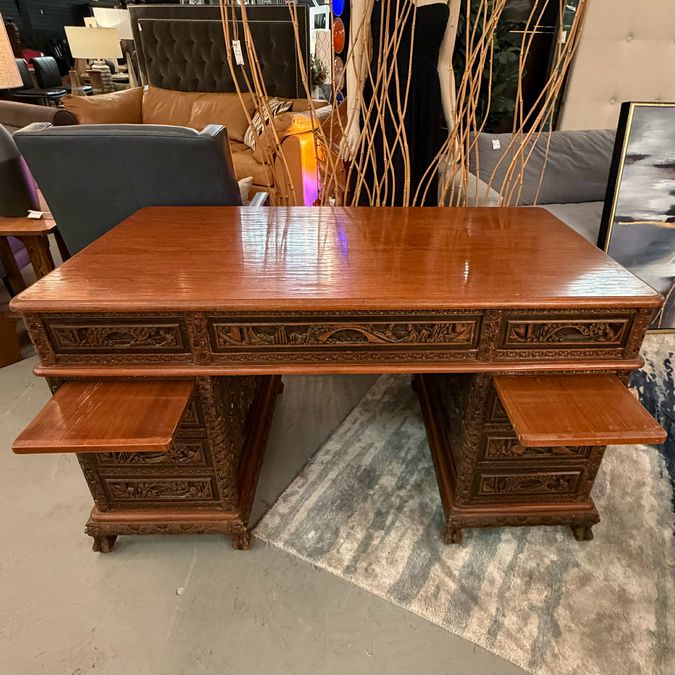 Antique Asian Relief Carved 9-Drw Double Pedestal Desk 54x30x30.5