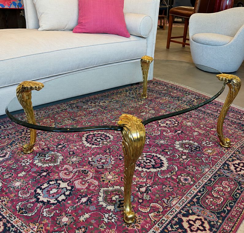 PE Guerin Style Hollywood Regency Brass & Glass Cocktail Table