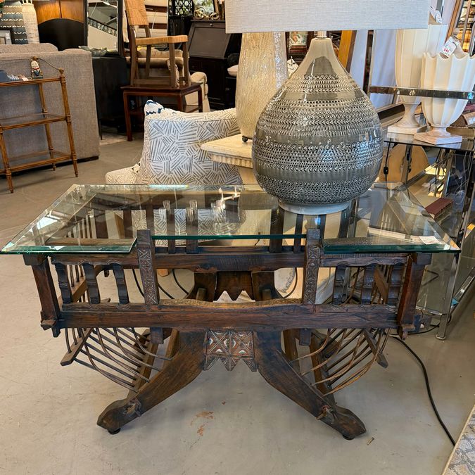 Antique Asian Howdah Elephant Chair Converted to Table W/Glass Top 46Lx24Wx26H