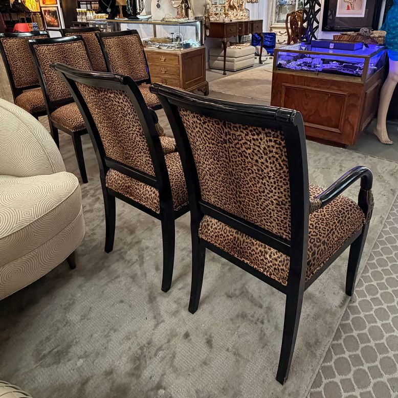SET/6 Hollywood Regency Style Black Carved Gilt Chairs W/Leopard Upholstery 22x2
